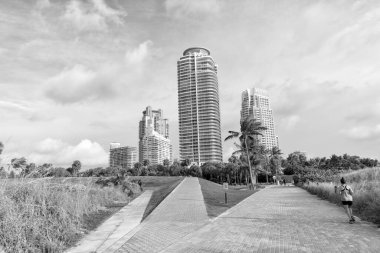 Miami Beach, Florida USA - April 19, 2021: South Pointe park in south beach miami with skyscrapers.