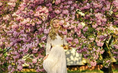 Bu anı aklında tut. Parktaki seksi kadın. Kiraz çiçekli bahar kadını çiçek açıyor. Pembe çiçekli kız. Japon sakura çiçeğindeki manken. Bahar Çiçeği 'ndeki güzel kız. Yaz güzelliği ve moda.