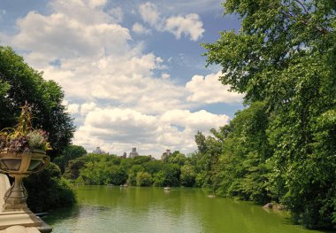 New York 'un Central Park' ı. Şehir parkındaki Jacqueline Kennedy Onassis Reservoir manzarası. Central Park 'tan Manhattan' ın manzarası. New York ve Manhattan. Geniş parklar ve çeşitli manzaralar..