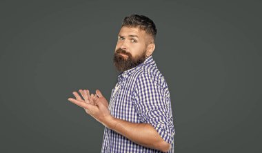 confused bearded man wear checkered shirt on grey background. clipart
