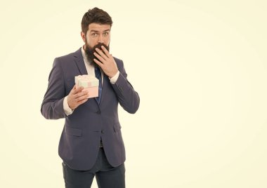 unexpected surprise. success and reward. boxing day. Delivery company business. happy birthday shopping. bearded man hold valentines present. businessman in formal suit on party feeling unexpected.