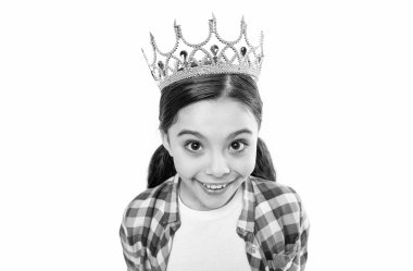 positive amazed teen queen girl isolated on white. teen queen girl in studio. teen queen girl on background. photo of teen queen girl wear crown.