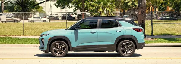 Miami Beach, Florida USA - April 15, 2021: blue chevrolet trailblazer RS suv crossover, side view.