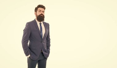 He knows who is boss here. Bearded man confident posture isolated white. Hipster with beard formal suit office worker. Businessman formal suit. Modern businessman ofiice worker. Office life concept.