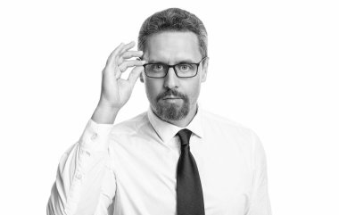 Ciddi bir adam stüdyoda göz teması kurar. Dostum, arka plandaki göz takılarına bak. Gözlüklü bir adamın fotoğrafı. Gözlerinin içine bak, bembeyaz..