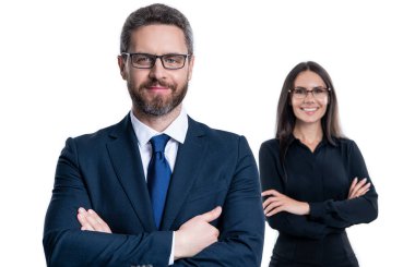 İş ekibi başarısı. İş ortağı beyazla izole edilmiş. Takım elbiseli iş adamları. İş ekibi çalışması ve işbirliği. Ortaklık kavramı. Ortak takımı. Başarılı ortaklık. iş teklifi.