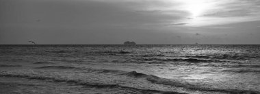 Günbatımında gökyüzünde panoramik deniz manzarası. Gün batımında deniz manzarasının fotoğrafı. Deniz manzarası doğası gün batımında. Yaz mevsimi deniz manzarası gün batımında.