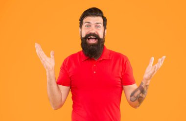 hair and beard care. happy male face. happiness. mature hipster with beard. brutal caucasian guy with moustache. confident and handsome bearded man on yellow background.