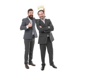 Rich and powerful people. Respected bearded man. Self esteem. Respected king. Respected position in society. Achievements and reputation. VIP concept. Men wear crown. Businessmen successful people.