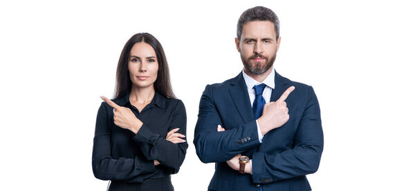 businesspeople with coworker. business leadership and success. leader representing leadership. successful businesspeople. business leader isolated on white. two colleagues in office. point finger.