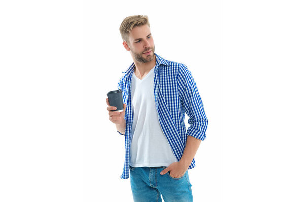 caucasian man with morning coffee on background. man with morning coffee in studio. photo of man with morning coffee. man with morning coffee isolated on white.