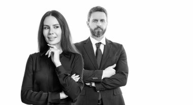 Stüdyoda iş ortakları, reklam. Resmi giyimde bir çift iş ortağı. İş ortakları profesyoneller. iş ortakları beyaz arkaplanda izole.