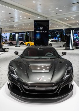 New York City, ABD - 27 Mart 2024: Rimac Nevera supercar electric car at New York International Auto Show, front view.