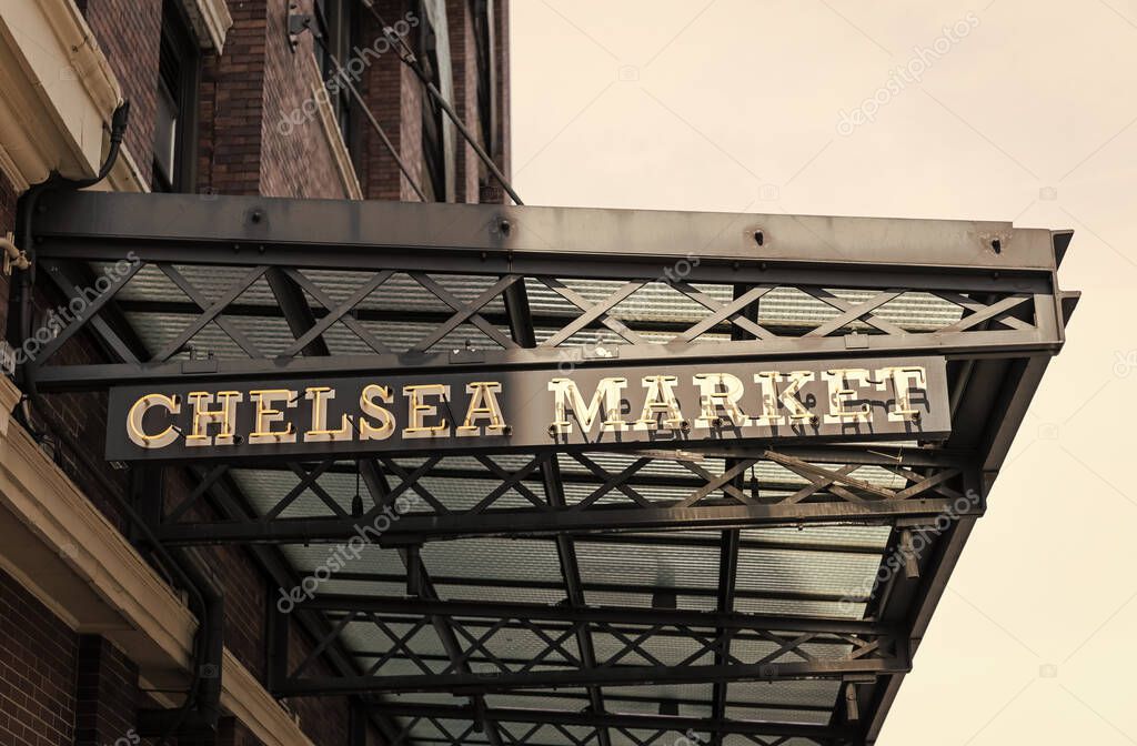 New York City, USA - August 05, 2023: Chelsea Market, 75 9th Ave, food hall, shopping mall, office building and television production facility.