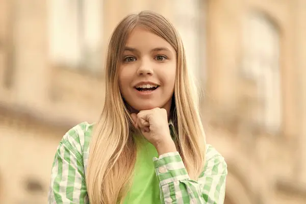 Portrait Happy Teen Girl Smiling Chin Hand Blurry Outdoors - Stok İmaj