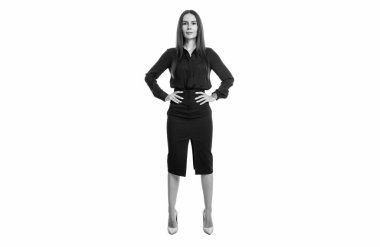 Kadın yönetici beyaz arka planda izole edilmiş. Stüdyoda beyaz kadın yönetici. Siyah giyen profesyonel kadın yönetici..