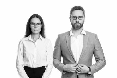 Stüdyoda iş patronu ve çalışanı. Bir çift iş adamı ve resmi kıyafet işçisi. İşletme patronu ve çalışanı imajı. iş patronu ve çalışanı beyaz arka planda izole edilmiş.