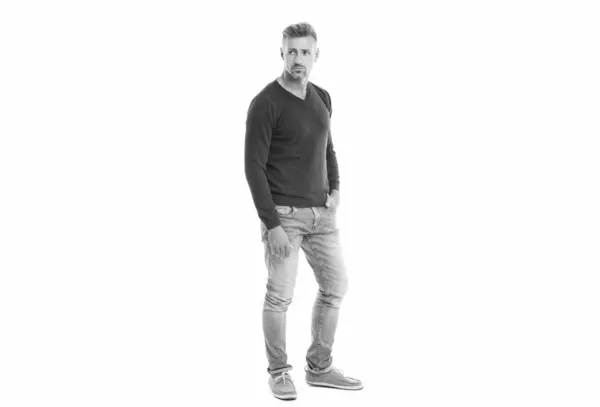 stock image stylish trendy caucasian man. An attractive man with trendy hair and clothes isolated on white. A handsome man posing in trendy studio. handsome mature man with trendy hairstyle wears casual sweater.