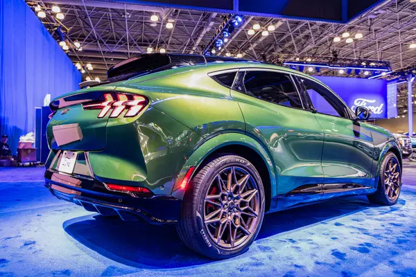 stock image New York City, USA - March 27, 2024: 2024 Ford Mustang Mach-E GT crossover electric vehicle at New York International Auto Show, rare view.