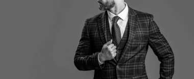 Formalite icra kurulu başkanı gri arkaplanda fotokopi alanı ile izole edildi. Stüdyoda resmi kıyafet giyen bir CEO. CEO 'nun resmi kıyafet giydiği fotoğraf. Formalite icabı giyinmiş CEO..