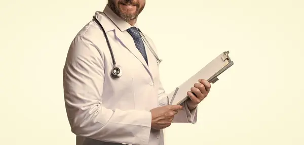 stock image cropped view of internist with prescription in studio. internist with prescription on background. photo of internist with prescription. internist with prescription isolated on white.