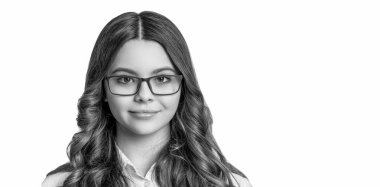 teen girl see in eyeglasses in studio, advertisement. teen girl see in eyeglasses on background. photo of teen girl see in eyeglasses glasses. teen girl see in eyeglasses isolated on white.