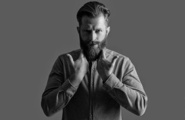 İrlandalı adam sakala dokunuyor. Sakallı ve bıyıklı, şık bir adam. Yakışıklı traşsız adam stüdyosu Grey 'de izole edilmiş..