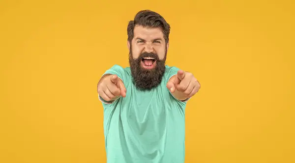 stock image portrait of brutal man with beard on background, pointing finger. portrait of brutal man with beard. portrait of brutal man with beard isolated on yellow. portrait of brutal man with beard in studio.