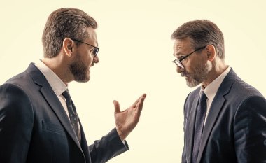 two businessmen conflicting at rivalry isolated on white. businessmen having conflict in business. historic rivalry. conflict between boss and employee. conflict between companies. business conflict. clipart