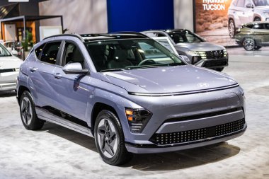 New York City, USA - March 27, 2024: 2024 Hyundai Kona Electric car at New York International Auto Show, corner view. clipart