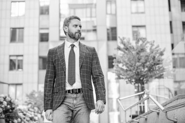 Kravatlı bir işletmeci imajı. İşletme müdürü dışarıda. Kentsel altyapıda bir işletme müdürü. İş adamı sokakta ceket giyiyor..