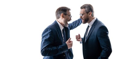 businessmen having conflict in business. conflict between boss and employee. conflict between companies. business conflict. two businessmen conflicting at rivalry isolated on white. copy space. clipart