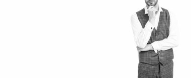 Takım elbiseli iş adamı beyaz arka planda kopya alanı ile izole edilmiş. Stüdyoda yönetici iş adamı. Profesyonel iş adamı resmi kıyafet giyer. İş adamının fotoğrafı..