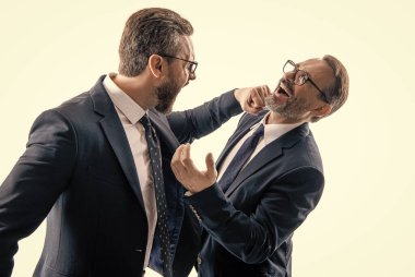 two businessmen fighting at rivalry isolated on white. businessmen having conflict fight in business. aggressive tactics. fighting between boss and employee. business fight. clipart