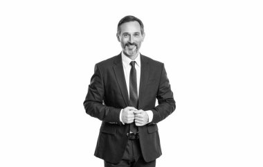 Beyaz arka planda izole edilmiş neşeli olgun iş adamı. Stüdyoda takım elbiseli bir iş adamı. Profesyonel iş adamının fotoğrafı. Takım elbiseli Kafkas işadamı.