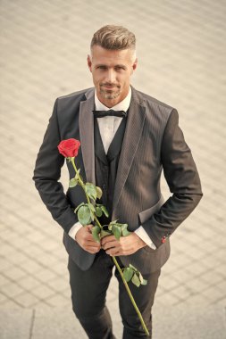 elegant man in tux. man wearing tux suit outside. grizzled tux man with red rose.