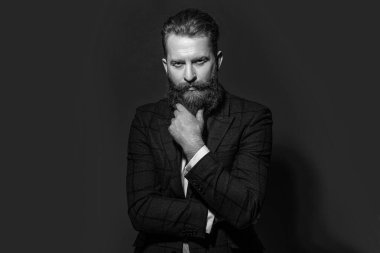 caucasian man in formalwear suit on background. photo of man in formalwear suit with beard. man in formalwear suit isolated on red. man in formalwear suit at studio.
