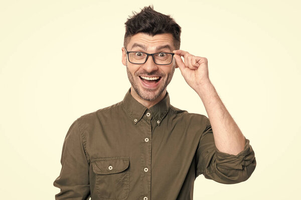 portrait of amazed man boss isolated on white background. boss man portrait in studio. boss in glasses. adult boss man wearing shirt.
