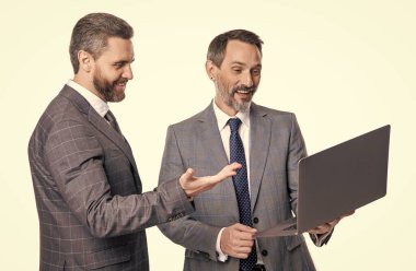 İşadamları e-postayı kontrol ediyor. İşadamları merkez büroda serbest çalışıyor. İş çevrimiçi. Dizüstü bilgisayarda çalışan serbest çalışan adamlar. Dizüstü bilgisayarı olan iş adamları beyazda izole edilmiş. Uzaktan kumanda. Uzak toplantı.