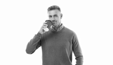 adult man drinking coffee on background. photo of man drinking coffee. man drinking coffee isolated on white. man drinking coffee in studio.