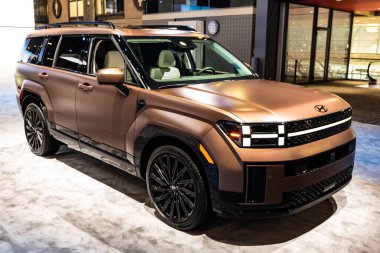 New York City, ABD - 28 Mart 2024: Hyundai Santa Fe SUV mat araba New York Uluslararası Otomobil Fuarı, köşe manzara.