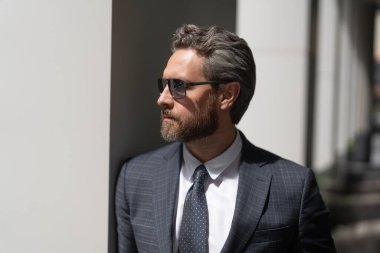 İş yerindeki kendine güvenen iş adamı. Yeni hedefler. İş vizyonu ve liderlik. Takım elbiseli bir iş adamı. İspanyol iş adamı patronu. Girişimcinin başarısı. Ofis yöneticisi.