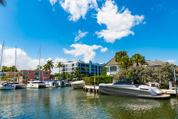 Stock image Destination point. Harbor with yacht at seaside summer destination. Seaside summer destination with boat and palm in harbor. Seaside harbor perfect destination for summer. Luxury yacht charter.