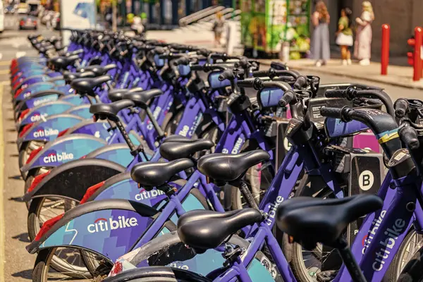 stock image New York City, USA - May 12, 2023: parked citi bike rental bicycle in urban parking outdoor.