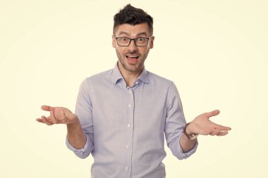 shocked manager isolated on white. shocked manager in studio. shocked manager on background. photo of shocked manager wear glasses.