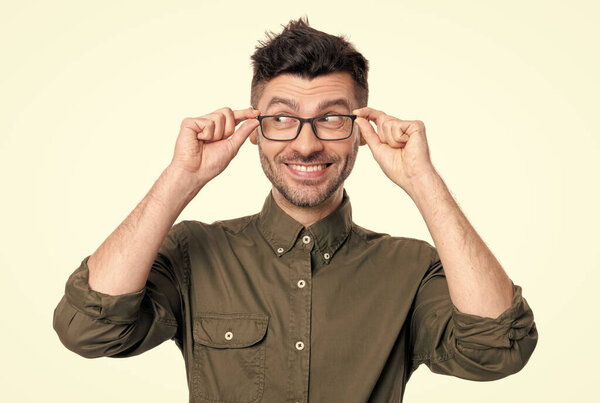 cheerful adult employee man wear shirt. portrait of man employee isolated on white background. employee man portrait in studio. employee in glasses.