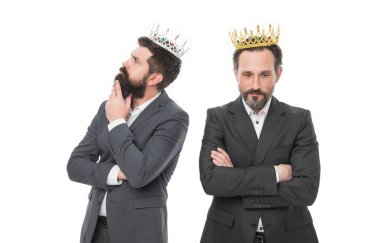 They are both winners. Prize winners isolated on white. Successful businessmen wear crowns. Business success winners. Reward winners. Victory and triumph. Pride and glory. Well-deserved honour.