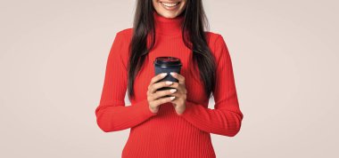 cropped view of woman with coffee on background. photo of woman with coffee cup. woman with coffee isolated on white. woman with coffee in studio.