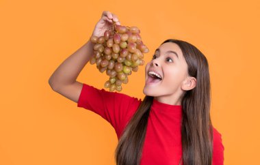 amazed child eat bunch of grapes on yellow background.