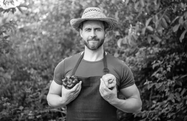 stock image man farm worker in straw hat with sweet pepper.